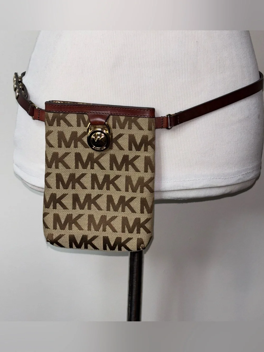 Michael Kors Brown MK Signature Fanny Pack Belt Bag Leather Strap Size M